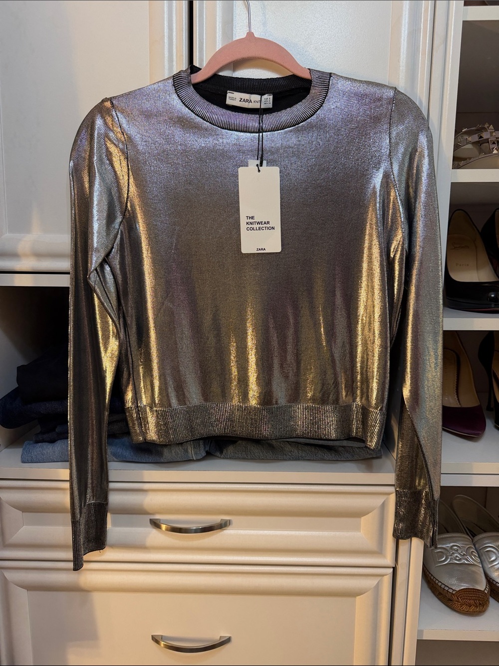 Zara Metallic Silver Long-Sleeve Crewneck Sweatshirt